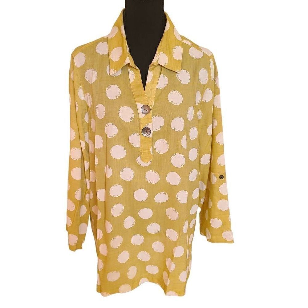 Lior Womens Rayon Blend Tunic Blouse Collared Rolled Sleeve Polka Print Medium